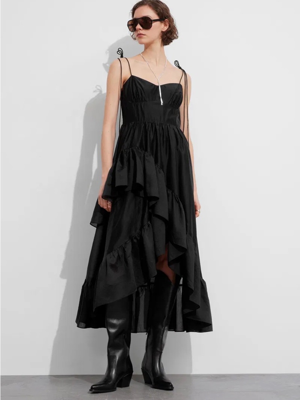 & Other Stories | Black Ruffled Tie-Shoulder Midi Dress